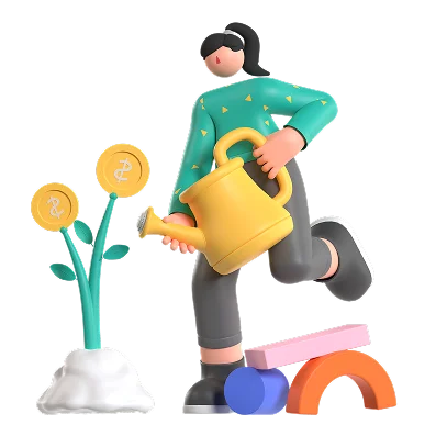 Ilustração de personagem feminina a regar flores com moedas, representando o crescimento financeiro com apoio do Poupança no Minuto.